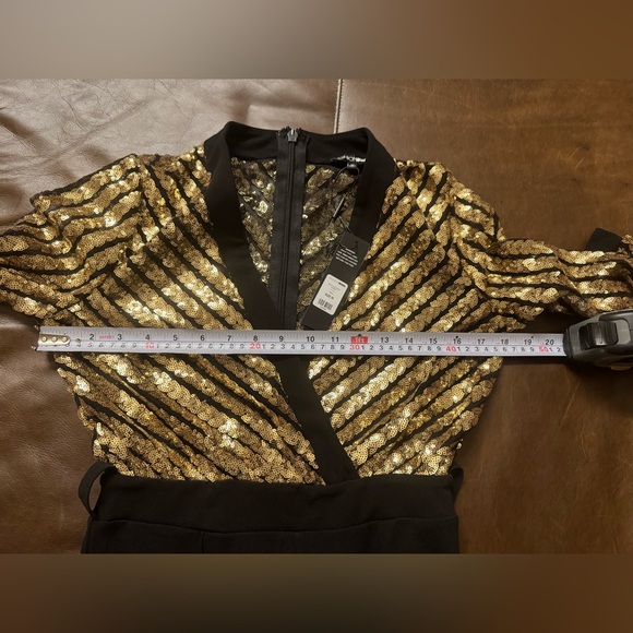 Elegant Black and Gold Sequin Wide Pant Jumpsuit - Picture 6 of 7